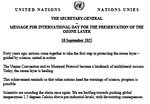 MESSAGE FOR INTERNATIONAL DAY FOR THE PRESERVATION OF THE OZONE LAYER